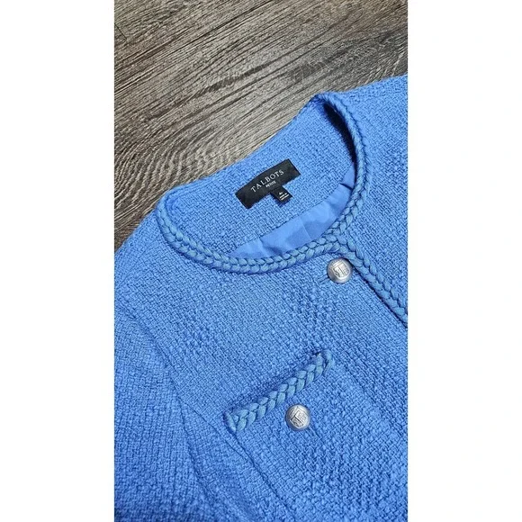 Talbots Tweed Topper Coat Braided Trim Patch Pockets In Blue 4 Petite - Picture 6 of 13